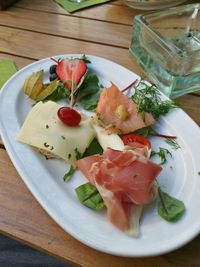 High angle view of salad in plate on table