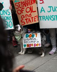 View of dog with text on sign board, climate strike in vancouver, bc