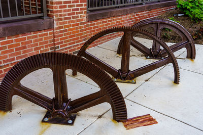 High angle view of bicycle parked on wall