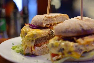 Close-up of burger in plate