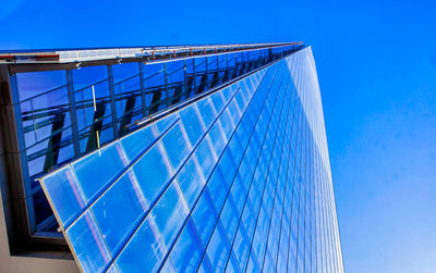 Low angle view of modern building against clear blue sky