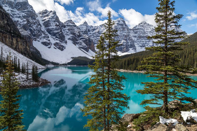 Scenic view of snowcapped mountains and lake against sky