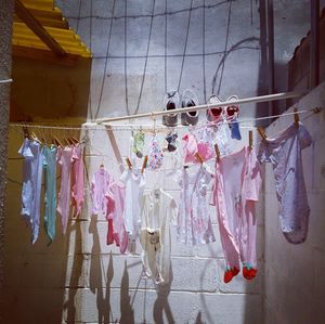 Clothes drying hanging on clothesline