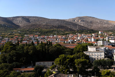 Aerial view of trogir old town, unesco heritage site, shot from the bell tower of leonard cathedral