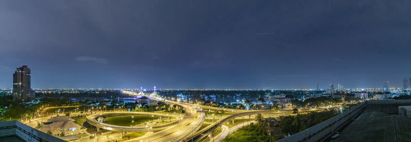 High angle view of illuminated city at night