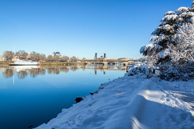 Scenic view of willamette river against sky during winter season