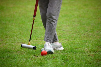 Low section of man standing on grass