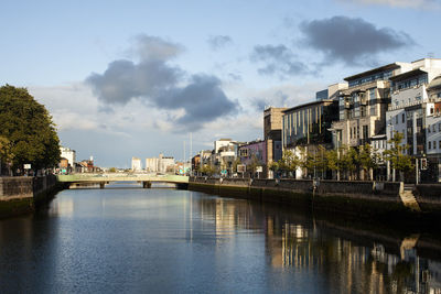 Buildings by river against sky in city