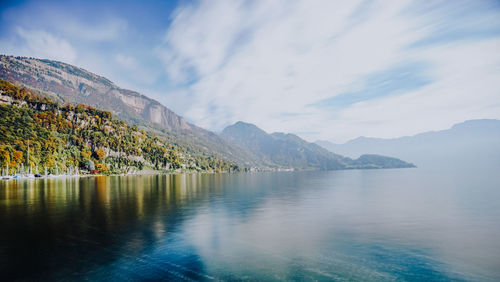 Scenic view of lake and mountains against sky