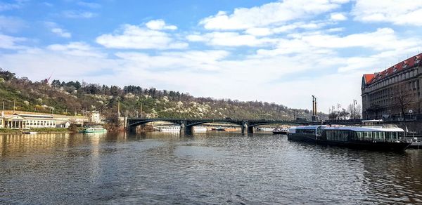 Bridge over river against sky in city