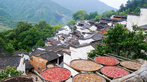 High angle view of houses against mountains