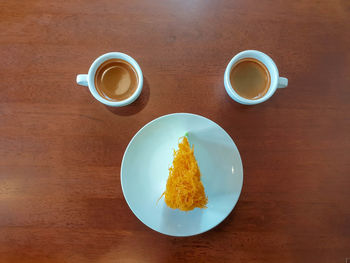 High angle view of breakfast served on table