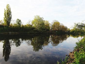 Reflection of trees in lake against sky