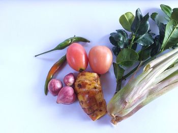High angle view of fruits on table against white background