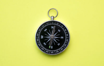 Close-up of navigational compass on yellow background