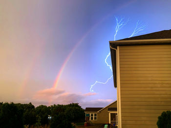 Low angle view of rainbow over building against sky