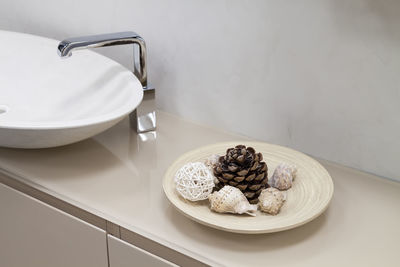 High angle view of cookies in plate on table