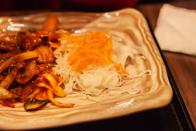 High angle view of meal served on table