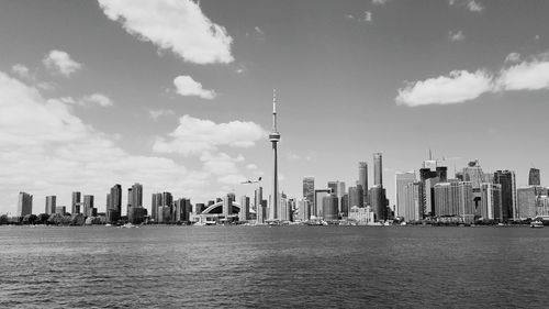 City skyline with skyscrapers in background