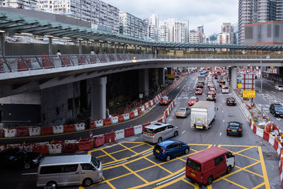 High angle view of traffic on road in city