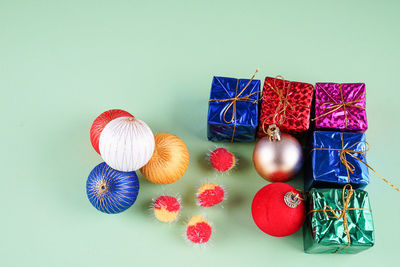 High angle view of christmas decorations on white background