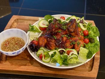 Close-up of food served on table