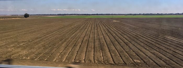 Tire tracks on agricultural field against sky