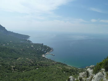 High angle view of sea and mountains against sky