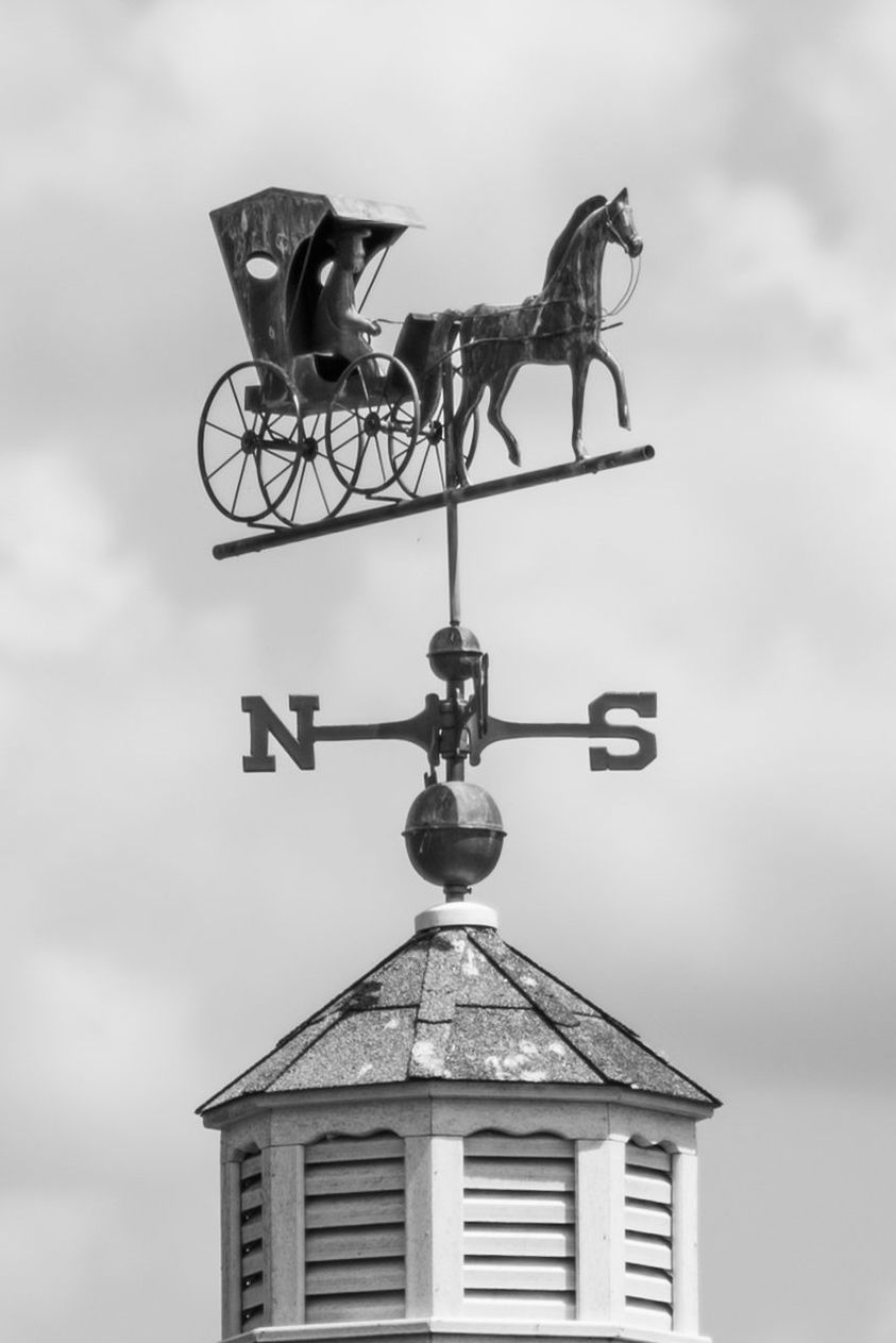 LOW ANGLE VIEW OF WEATHER VANE AGAINST BUILDING AGAINST SKY