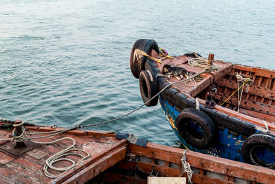 High angle view of wooden boats in river