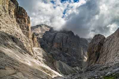 Catinaccio alpine hiking trail, italian alps dolomite, trentino, italy