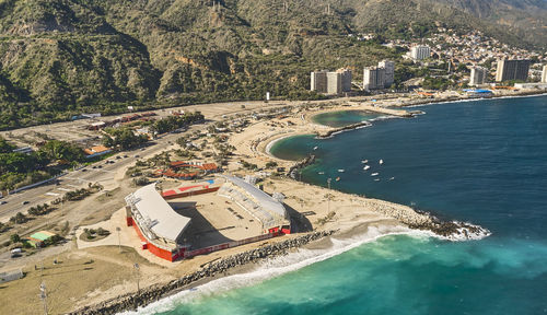 Aerial view of the stadium for beach games in la guaira, venezuela. hugo chavez beach coliseum