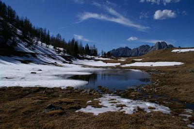 Scenic view of snow covered mountains