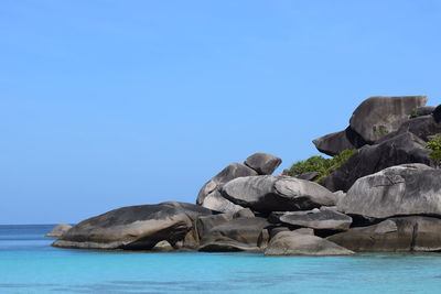 Scenic view of sea against clear blue sky