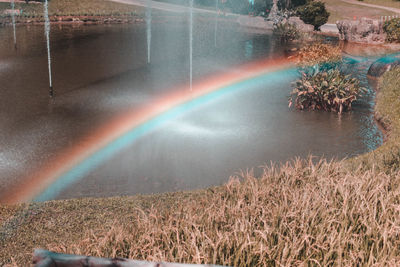 Scenic view of rainbow over lake