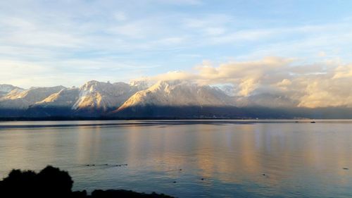 Scenic view of lake against cloudy sky