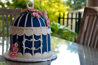 Close-up of wedding cake on table