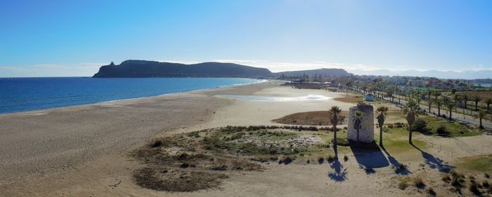 High angle view of beach against blue sky