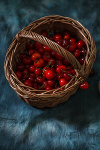 High angle view of strawberries in basket on table