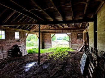 Low angle view of window in abandoned building