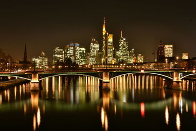 Bridge over river in city at night