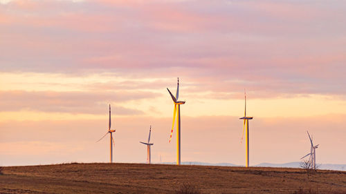 Windmills on field against sky during sunset