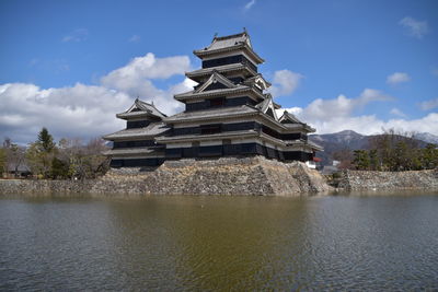 Temple by building against sky