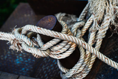 Close-up of rope tied on wood