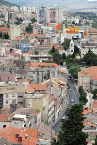 High angle view of buildings in city