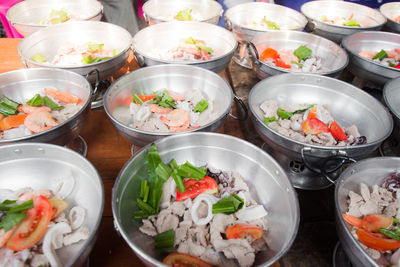 High angle view of food served on table