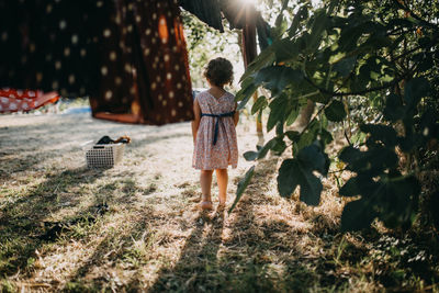 Rear view of girl standing by plants outdoors