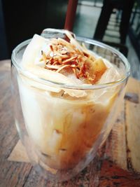 High angle view of ice cream in glass on table