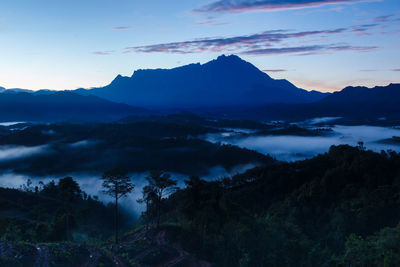 Scenic view of mountains against sky at sunset