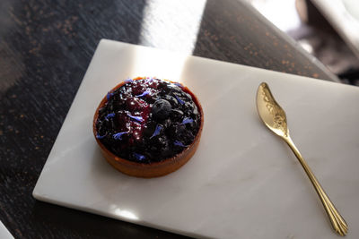 High angle view of dessert on table